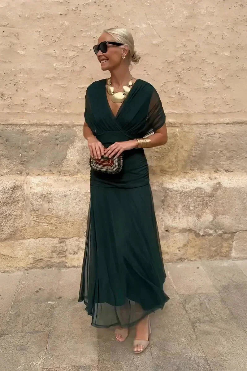 Geplooide maxi zomerjurk met V-hals Dames