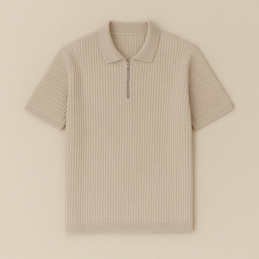 Beige knit polo half zip katoen heren