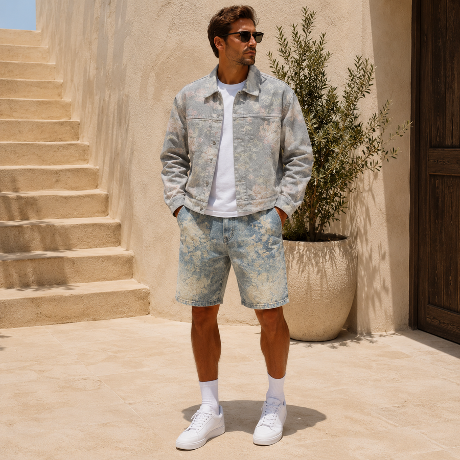 Tweedelige Denim set met jack en korte broek Heren