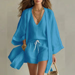 Driedelige zomer set met V-hals top en short Dames