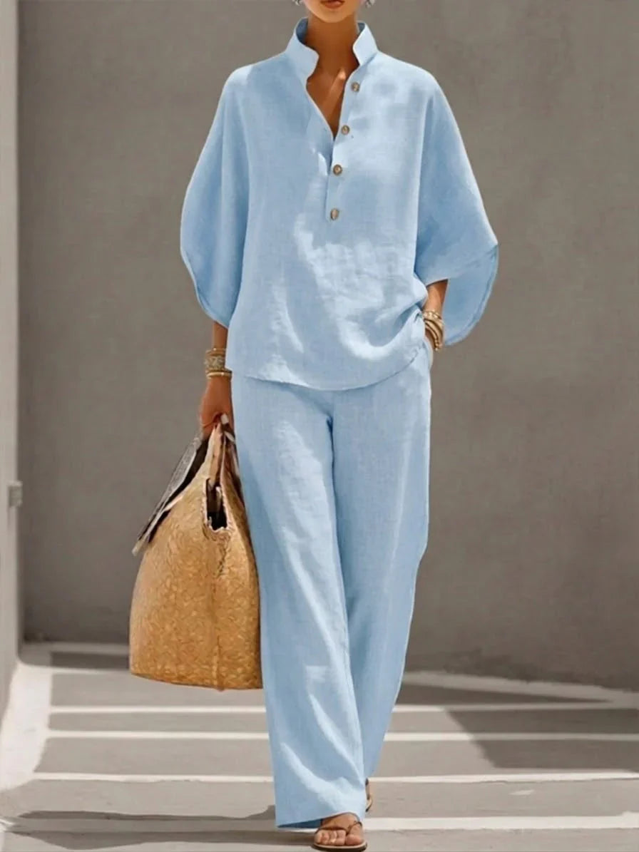 Tweedelige linnen zomer set met wijde broek Dames