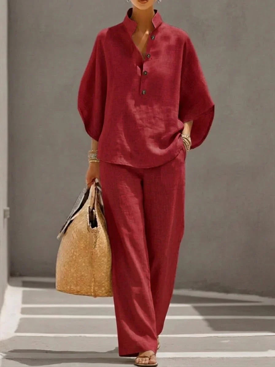 Tweedelige linnen zomer set met wijde broek Dames
