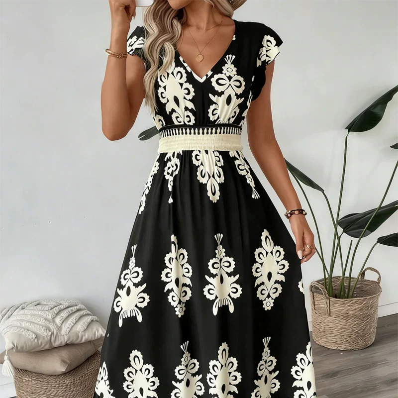 Maxi jurk met V-Hals en getailleerde taille Dames