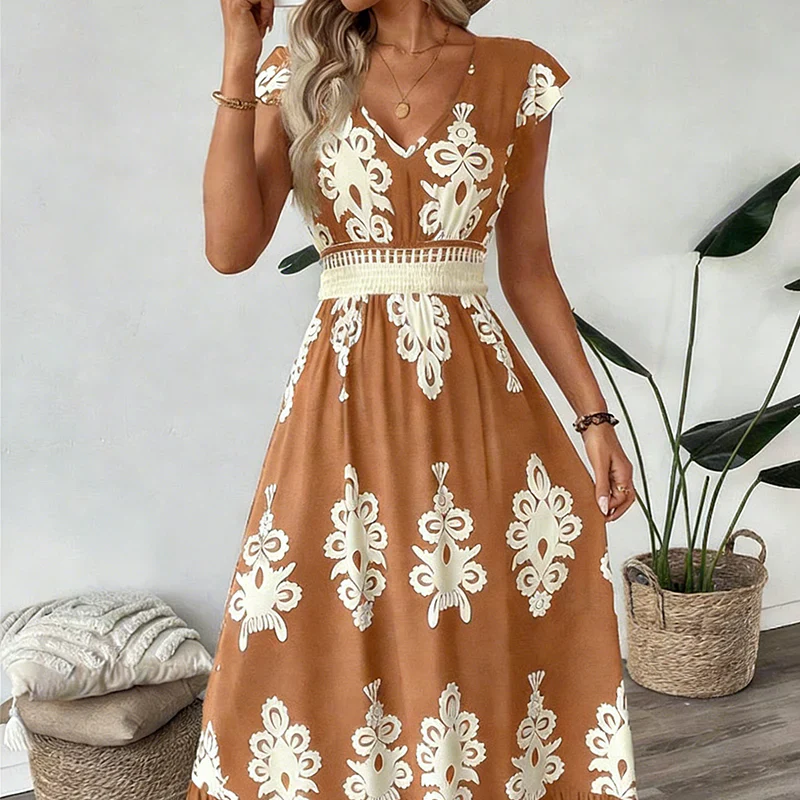 Maxi jurk met V-Hals en getailleerde taille Dames