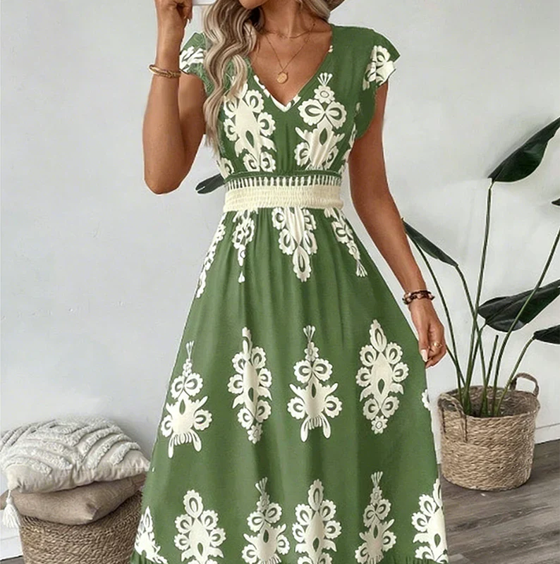 Maxi jurk met V-Hals en getailleerde taille Dames