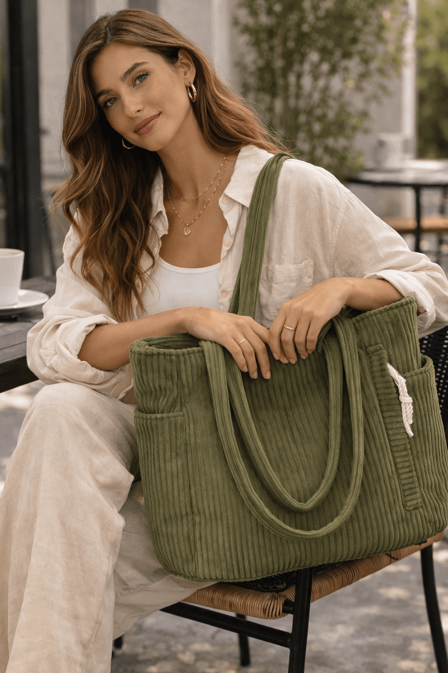 Corduroy tote bag met zijvakken Dames