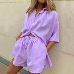 Tweedelige linnen zomer set met shirt en shorts Dames