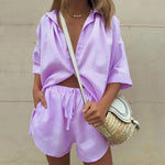 Tweedelige linnen zomer set met shirt en shorts Dames