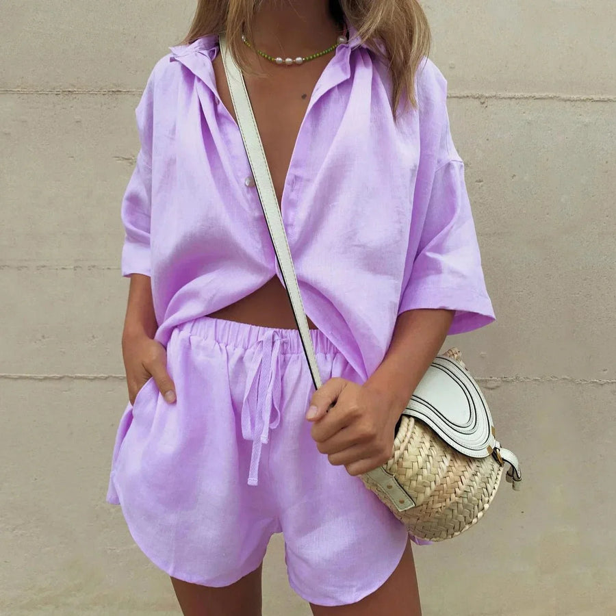 Tweedelige linnen zomer set met shirt en shorts Dames