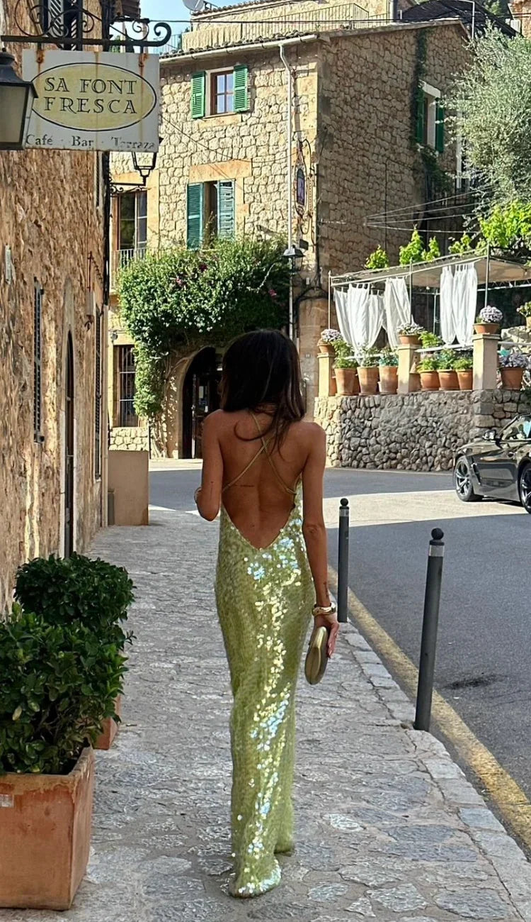 Pailletten maxi jurk met spaghettibandjes Dames