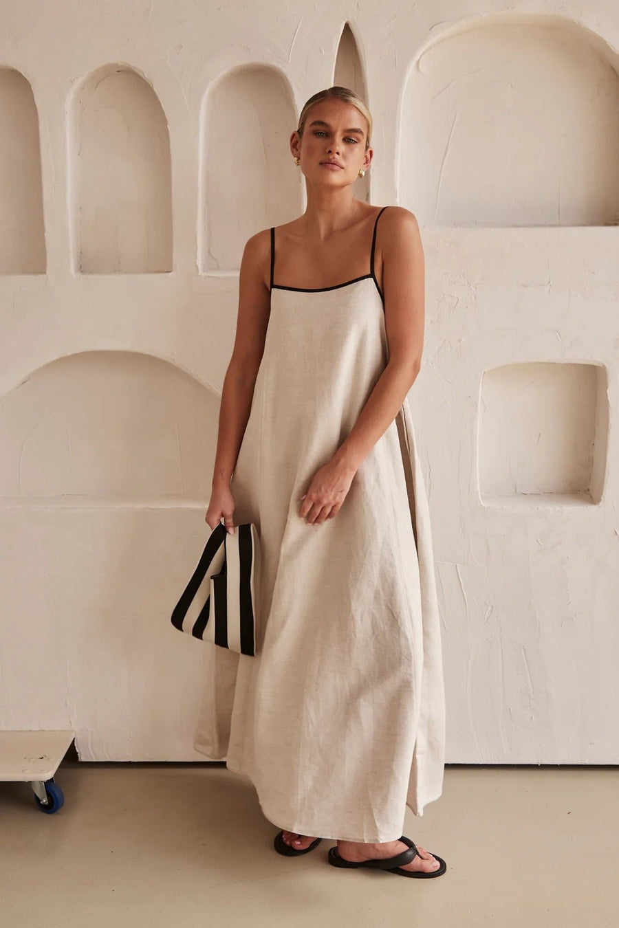 Linnenlook maxi jurk met spaghettibandjes Dames