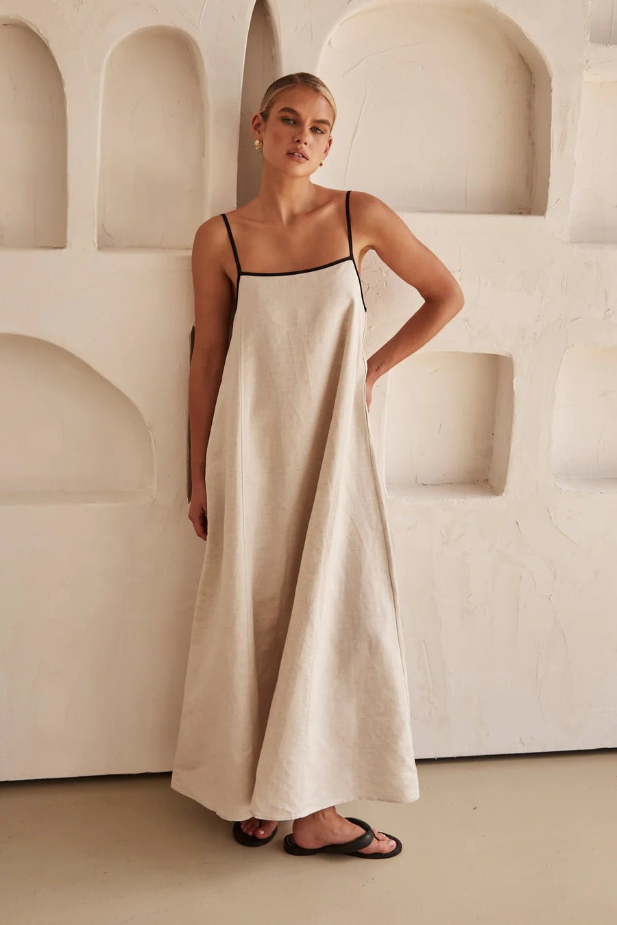 Linnenlook maxi jurk met spaghettibandjes Dames