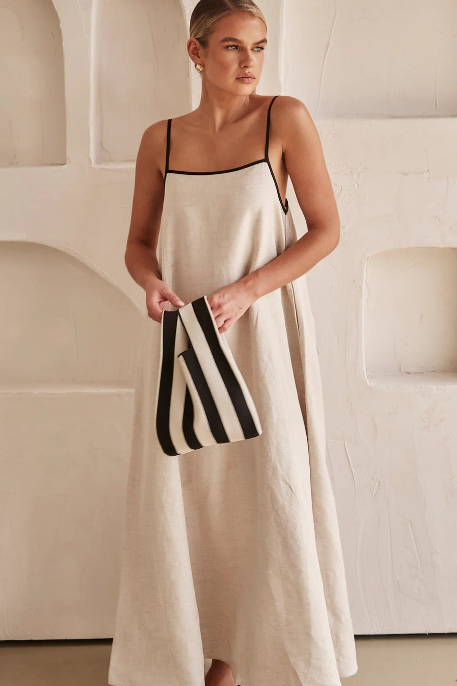 Linnenlook maxi jurk met spaghettibandjes Dames