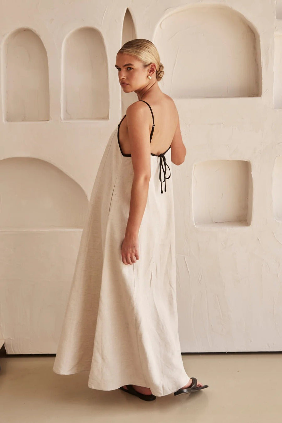 Linnenlook maxi jurk met spaghettibandjes Dames