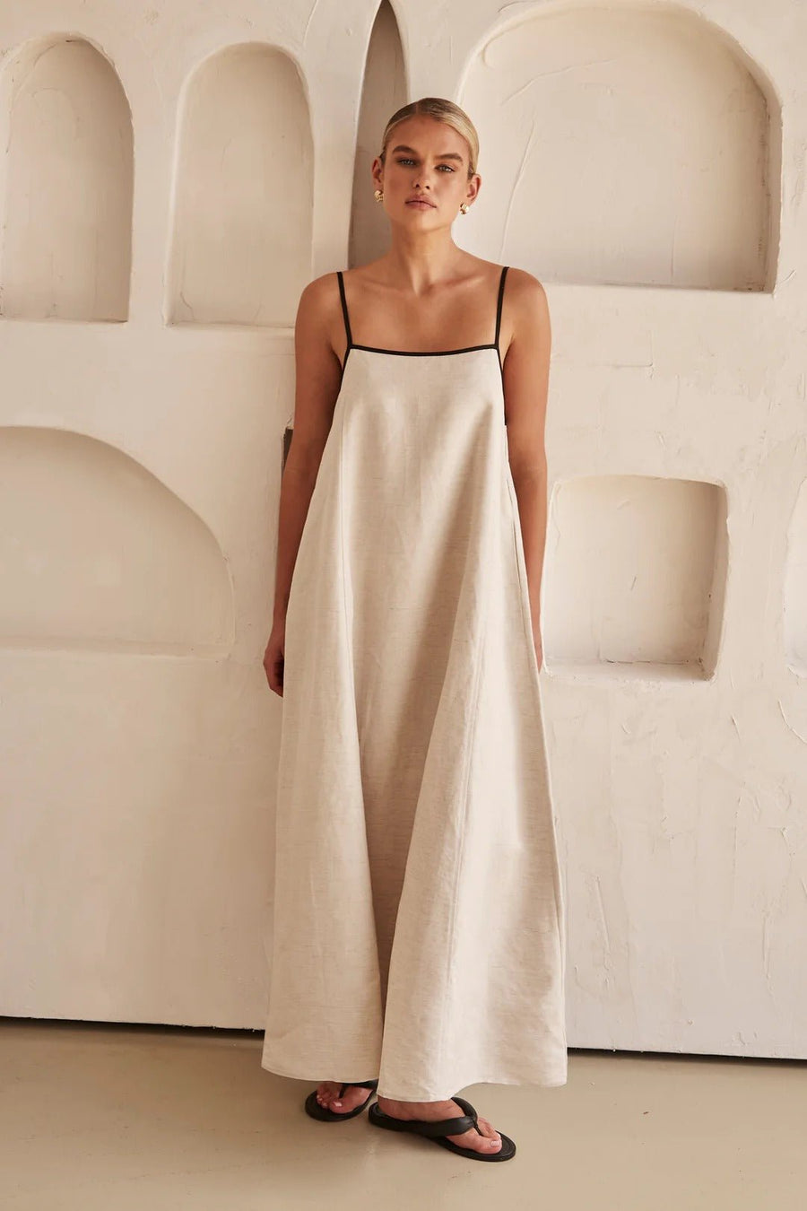 Linnenlook maxi jurk met spaghettibandjes Dames