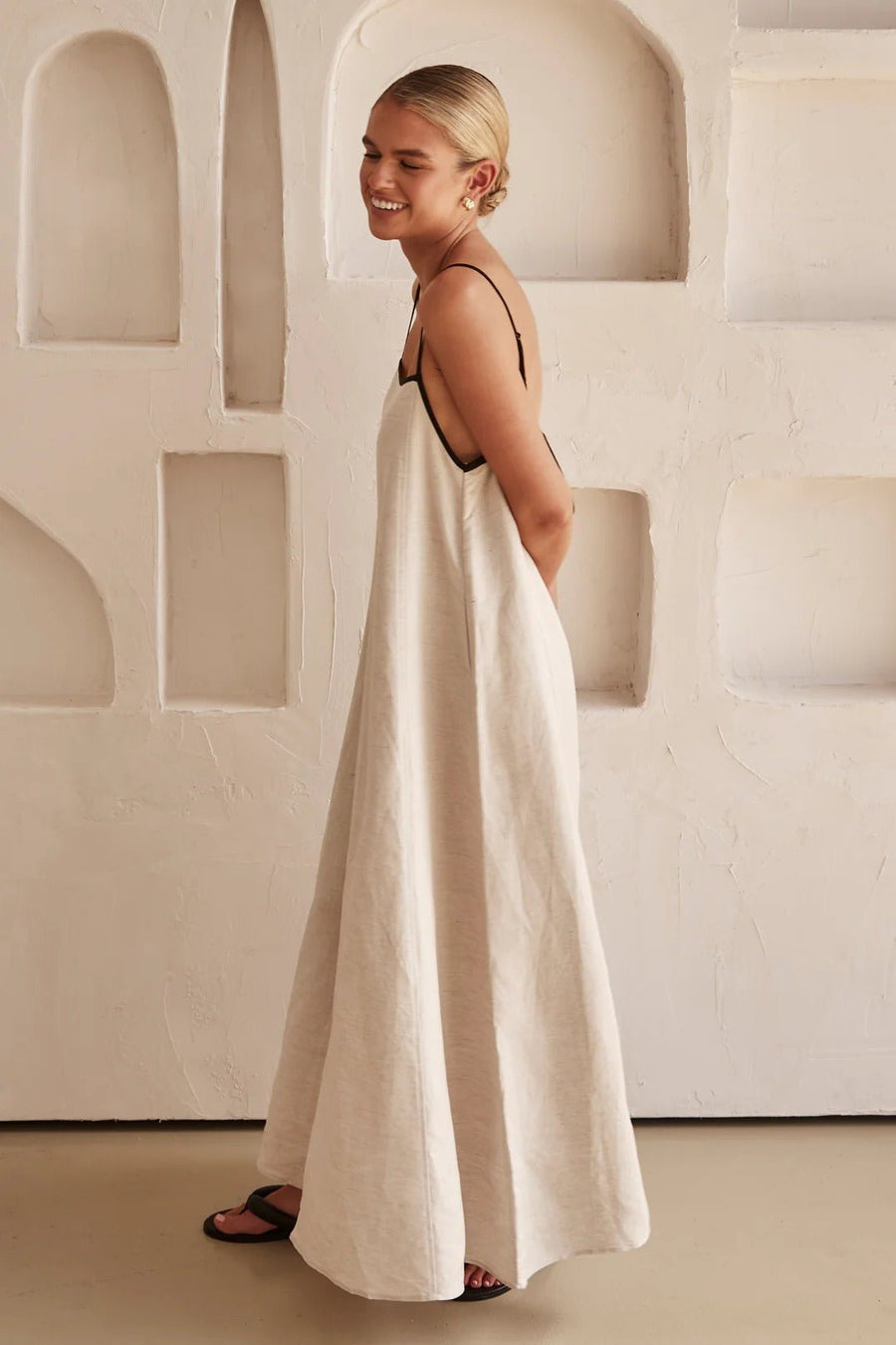 Linnenlook maxi jurk met spaghettibandjes Dames