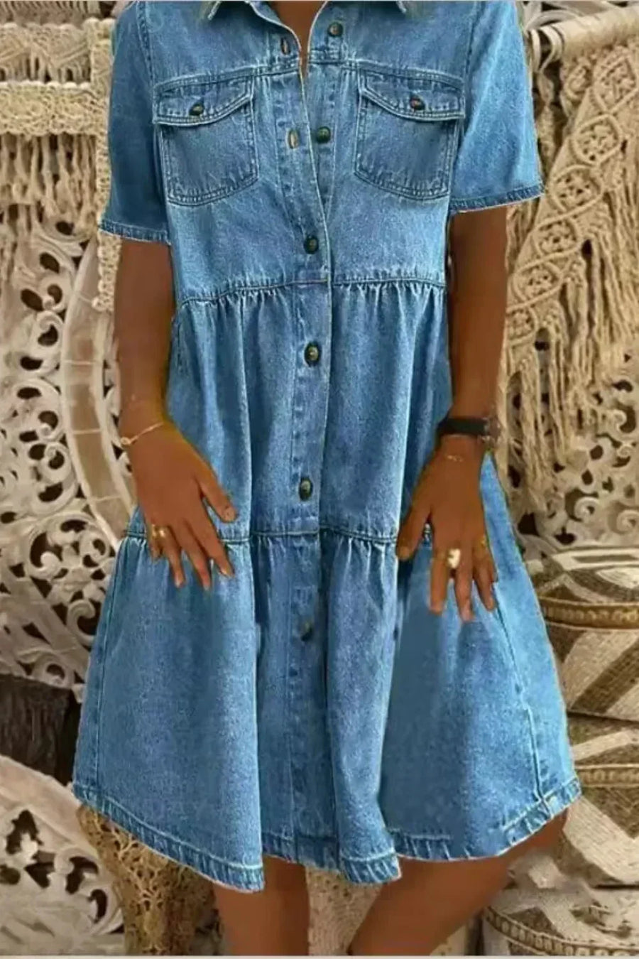 Denim mini jurk met korte mouwen en knopen Dames