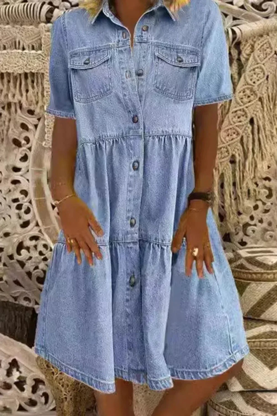 Denim mini jurk met korte mouwen en knopen Dames